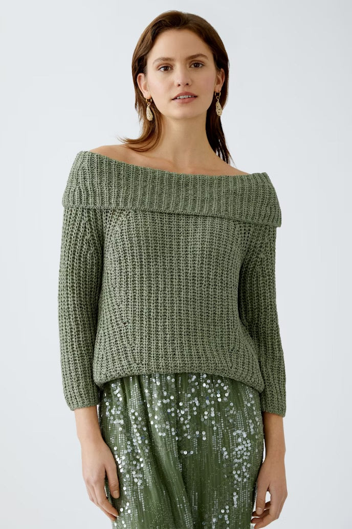 Pullover with voluminous Carmen neckline in deep sage