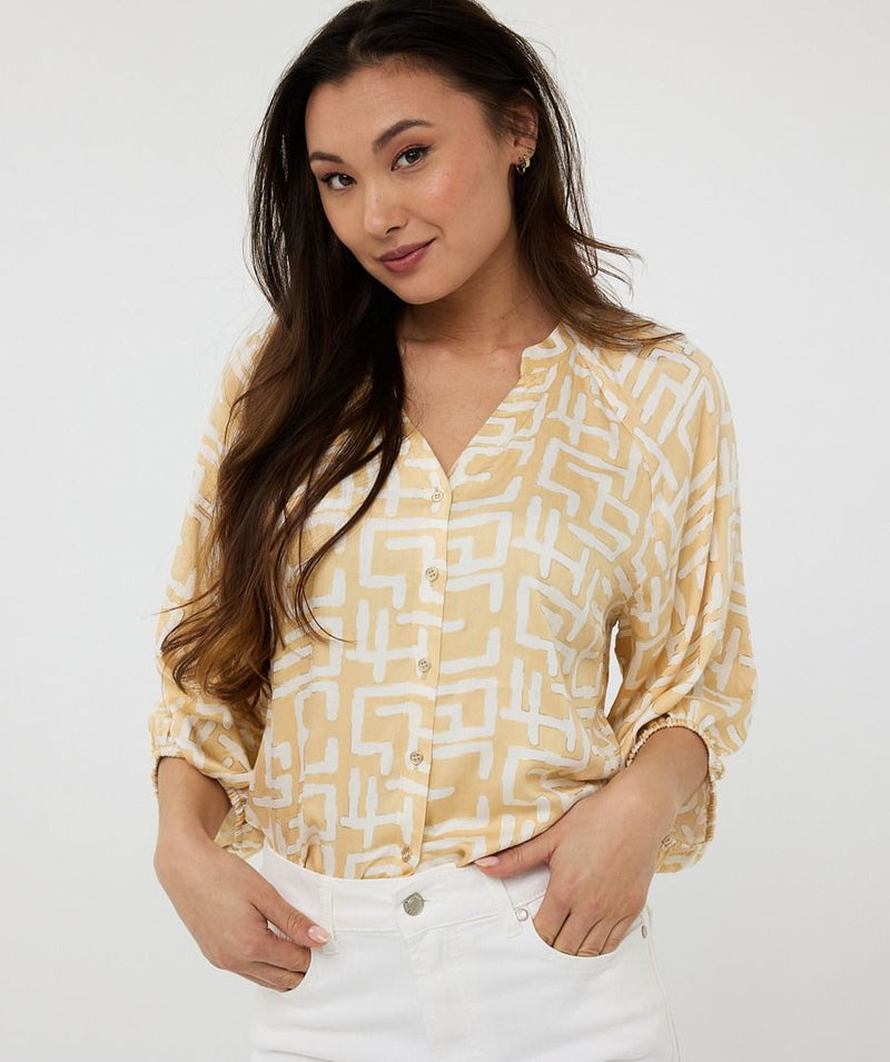 White and camel Raglan sleeve blouse in electric print