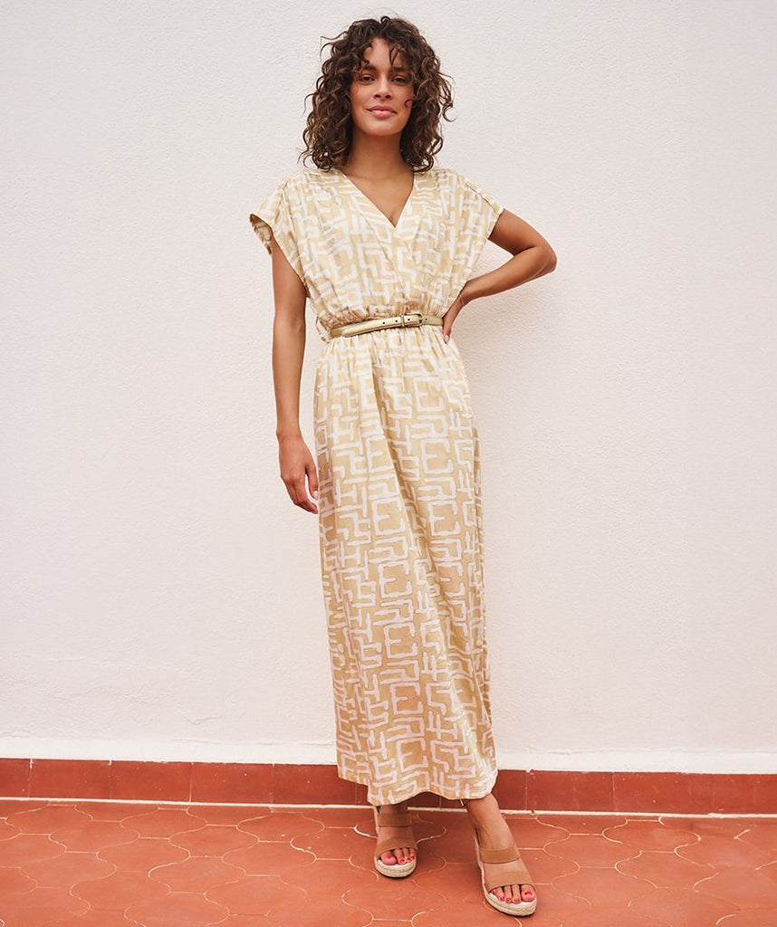 White and camel maxi dress in electric print with gold belt AislingMaherBoutique White and camel maxi dress in electric print with gold belt AislingMaherBoutique