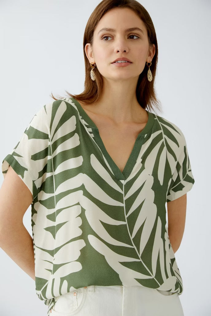 Green and Beige Palm Print top