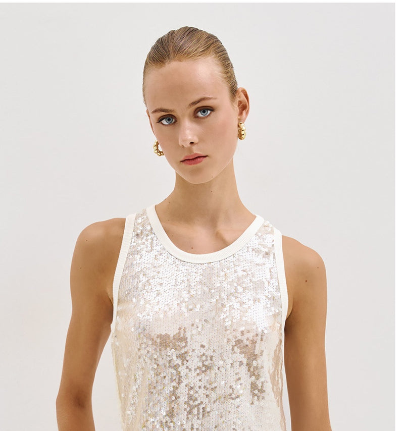 Ivory Sequin vest top with ribbed trim