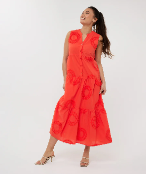 Orange sleeveless maxi dress with 3D flower design