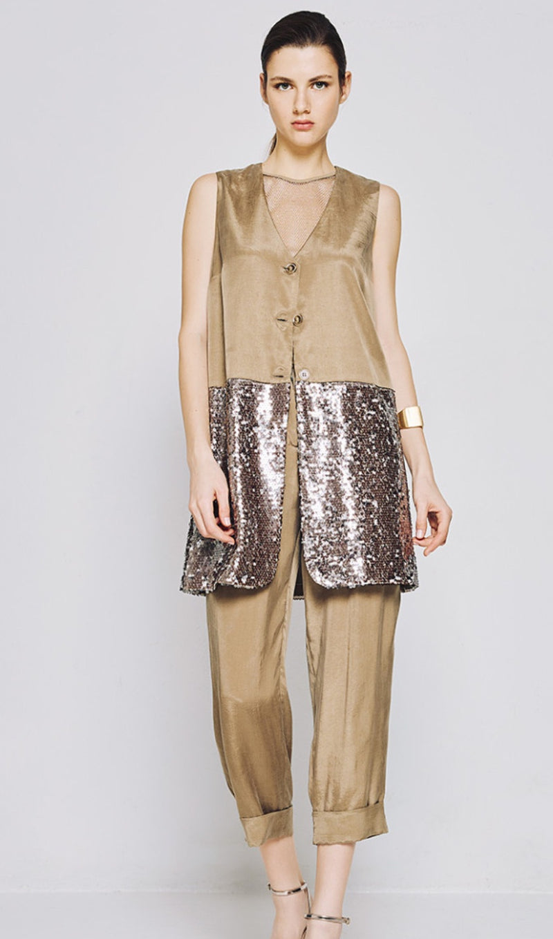 Longline khaki waistcoat with sequin detail.