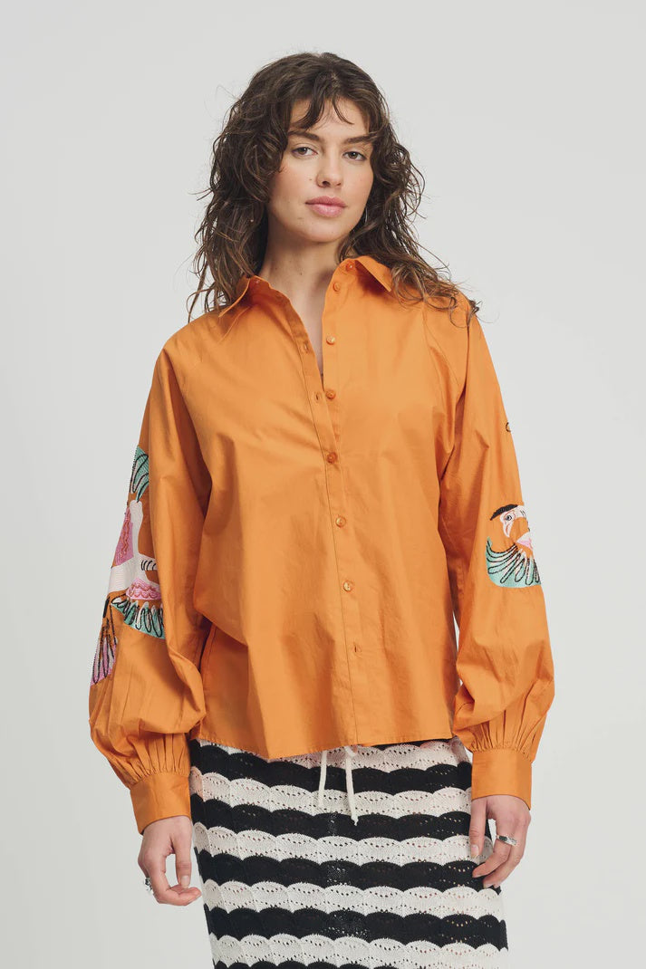 Sienna orange shirt with embroidered birds
