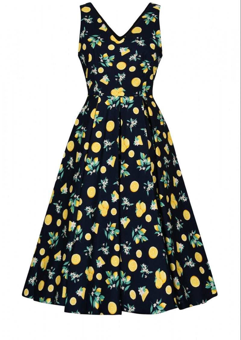 Navy Hadley dress with lemon print