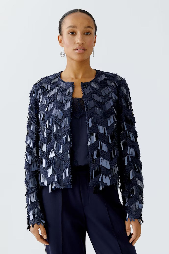 Boxy navy jacket with a contrast of matte-glossy sequins