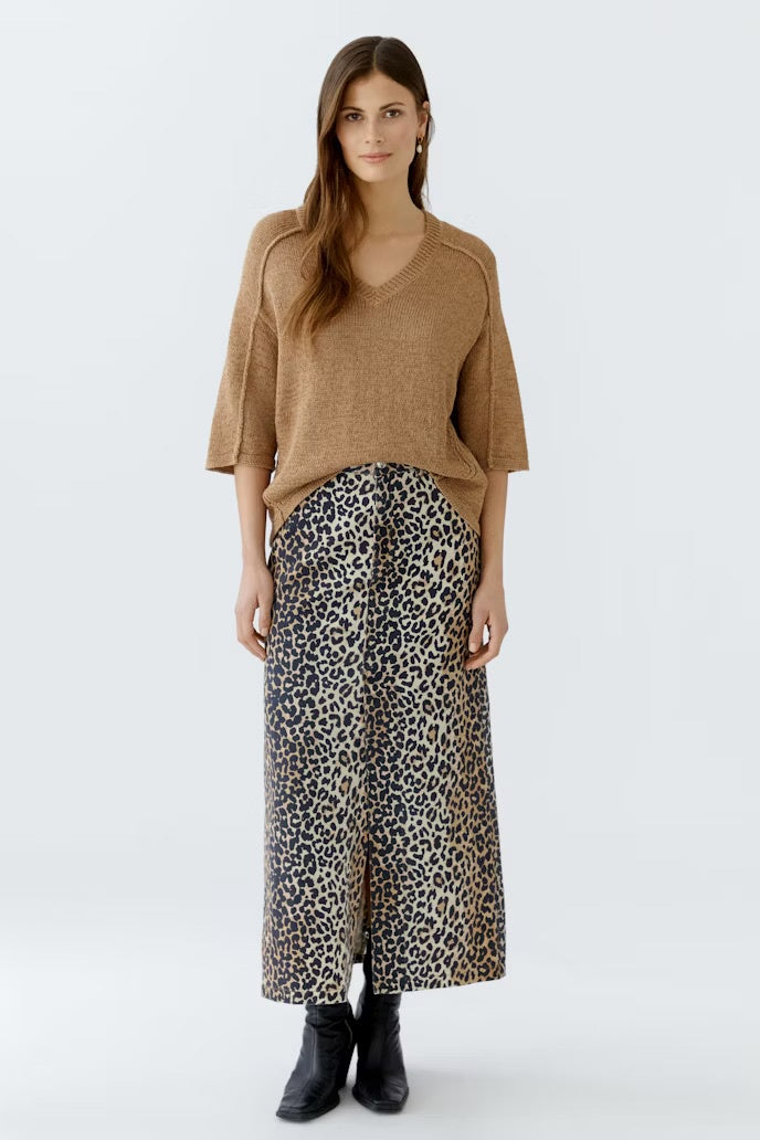 Long denim skirt in Leo print with centre slits front and balc