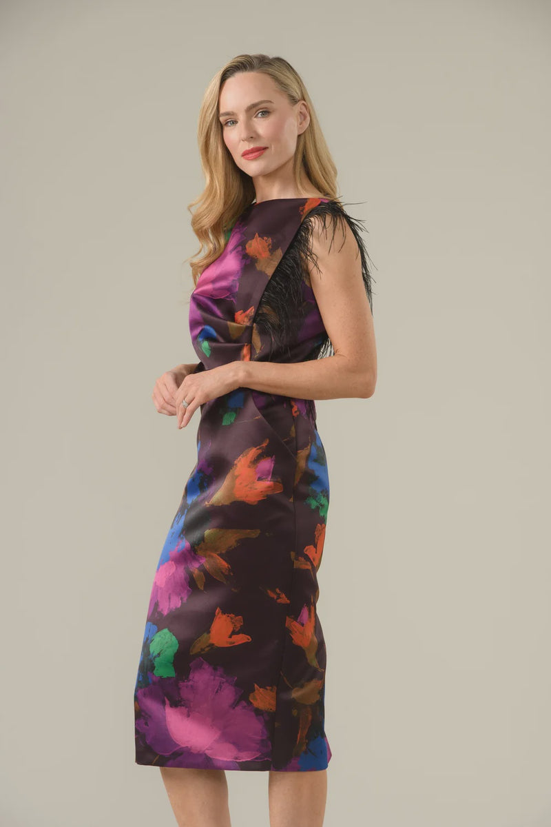 Celine dress in painted flower print with feather detail