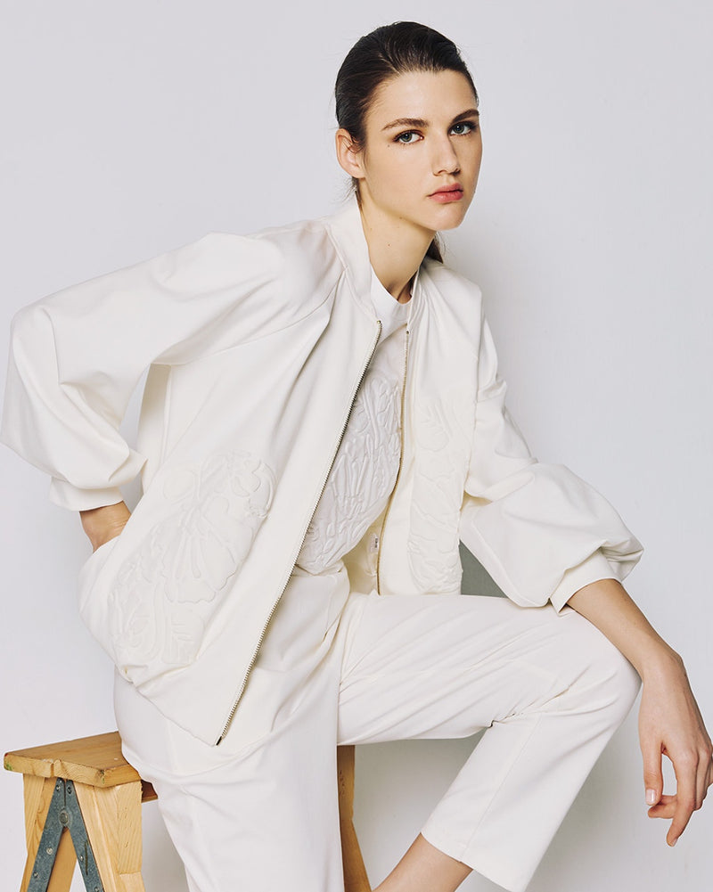 White Embossed Bomber Jacket