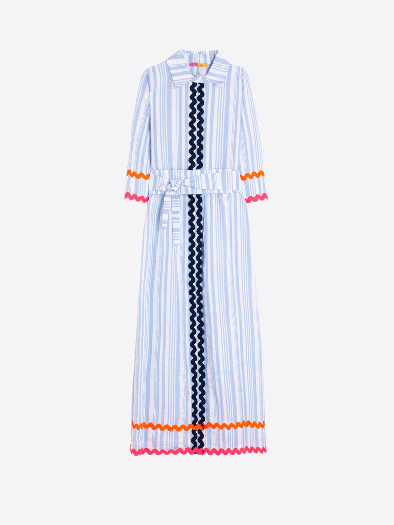 Blue and white striped maxi dress