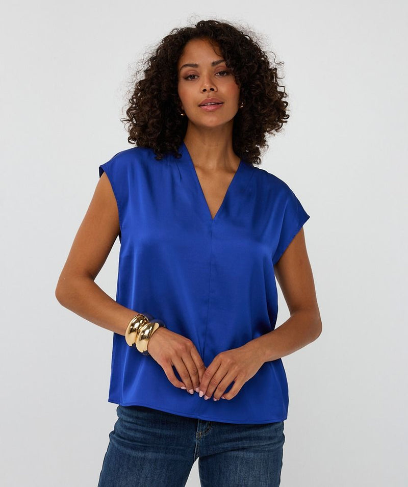 Blue Satin Feel Vneck Top