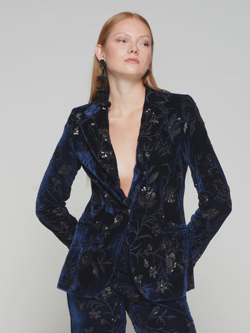 Navy Velvet Tuxedo Jacket with Sequin Embellishment