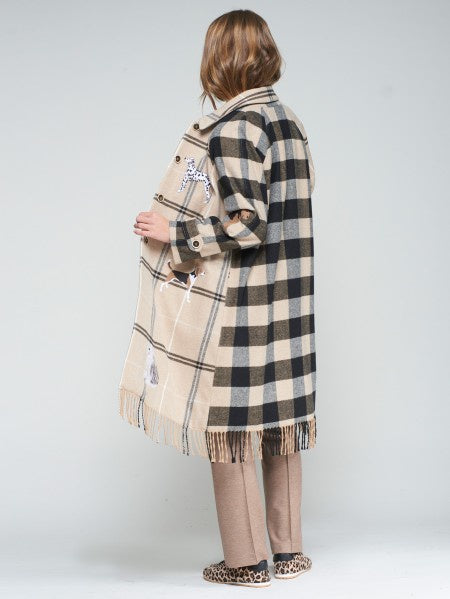 Beige and black coat with dog motif