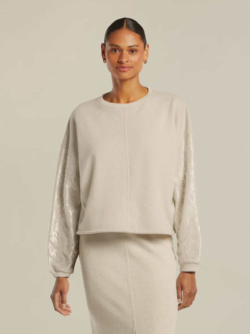Jersey sweater with lurex and lace sleeves
