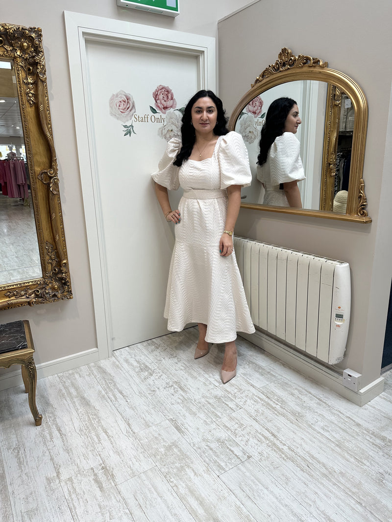 Cream with Gold Fleck Puff Sleeve Dress