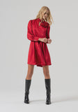 Short satin dress in deep red with corsage detail