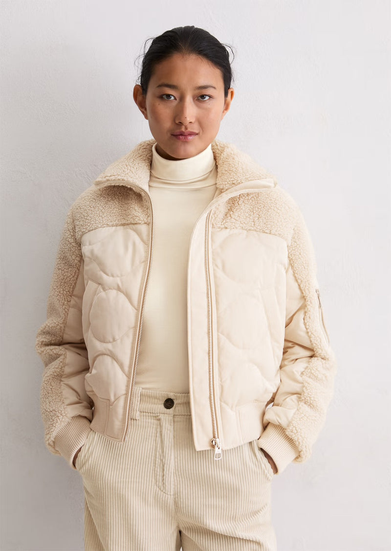 Blouson style woven outdoor jacket with teddy plush detail