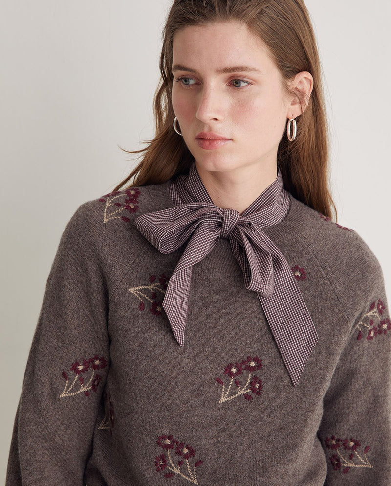 Deep taupe sweater with floral embroidery