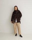 Dark brown handmade coat with non removable scarf. Camel check print