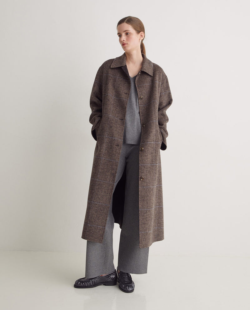 Handmade check wool coat in brown