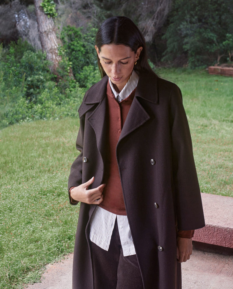 Handmade long double breasted coat in dark brown