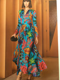 Floor length  turquoise dress with all over tropical floral pattern
