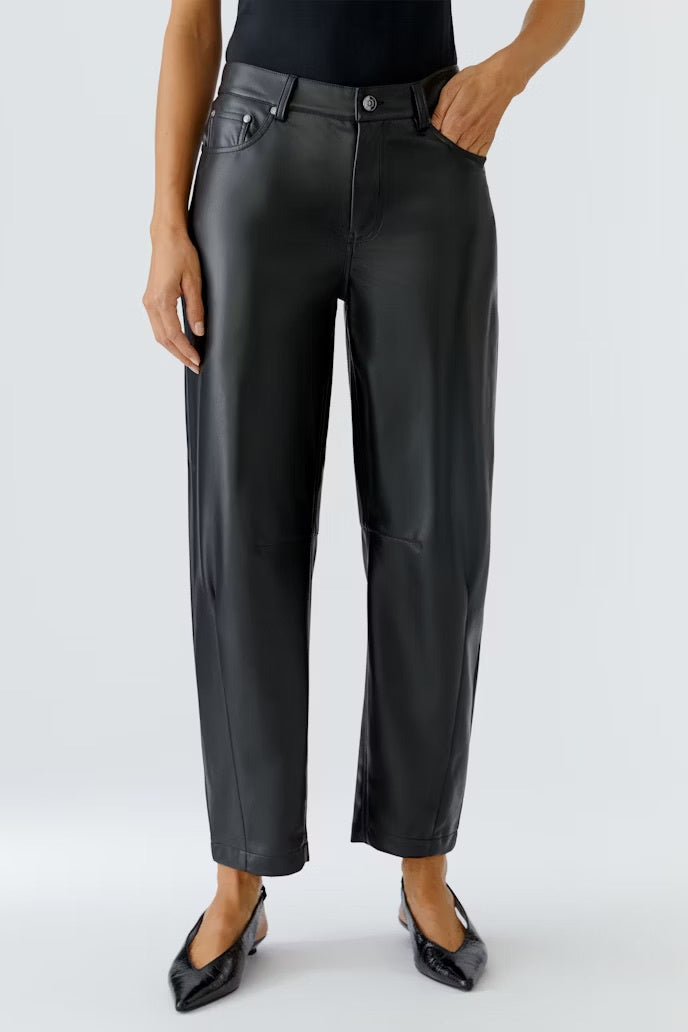 Casual barrel fit soft black leather look trousers