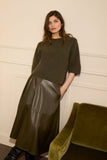 Swinging midi skirt moss green leather look