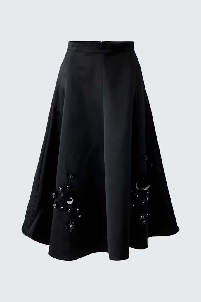Swinging black satin skirt with hand embroidered flowers