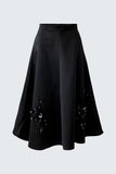 Swinging black satin skirt with hand embroidered flowers