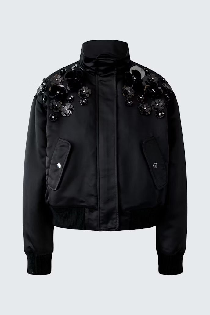Bomber satin black jacket with embroidered flowers