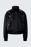 Bomber satin black jacket with embroidered flowers