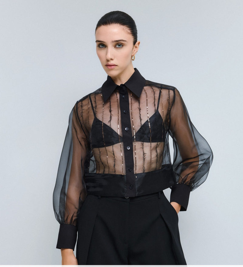 Cropped organza shirt with sequin detail