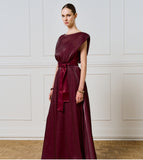 Maxi dress in burgundy with sheer fabric