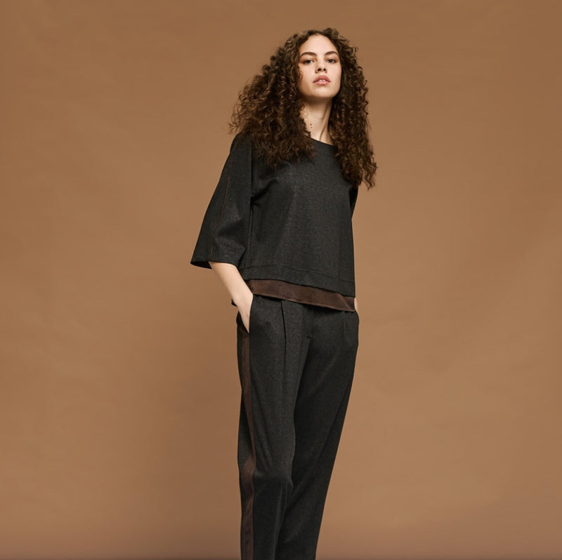 Blouse with suede effect detail