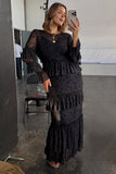 Long in black Mesh tiered ruffle dress