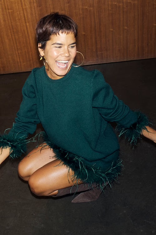 Bottle green Jamie jumper with feather trim