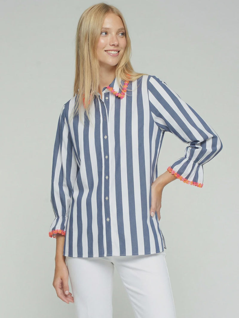 Navy and white Striped Shirt with Pink and Orange