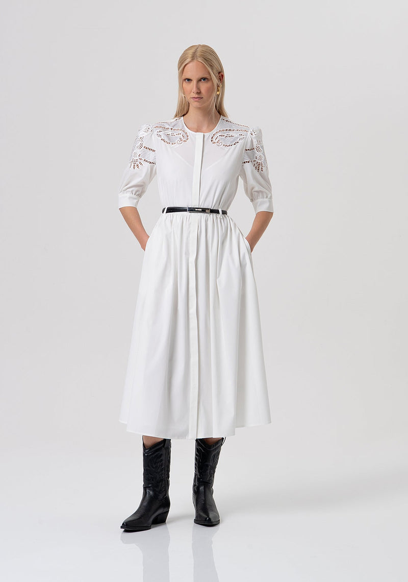 Embroidered Midi Dress with Belt