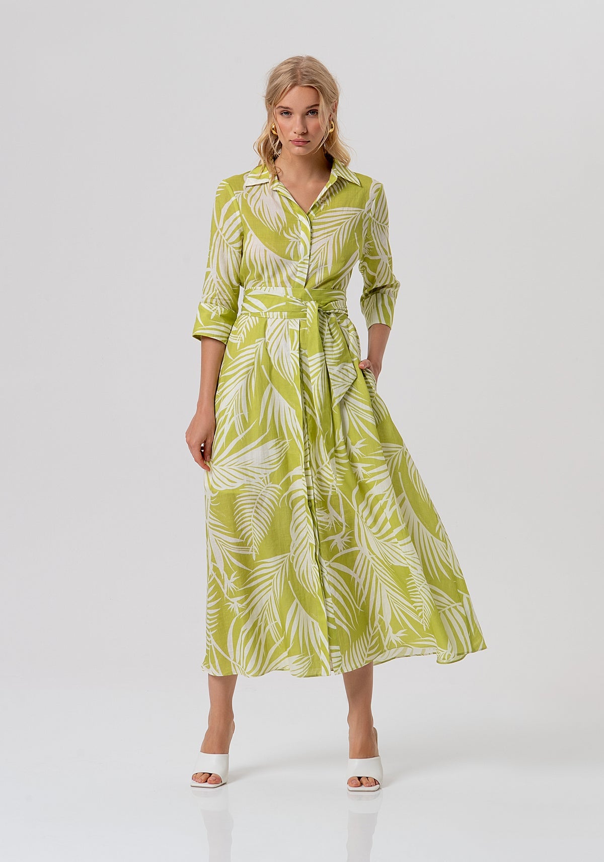 Lime and ivory leaf print dress