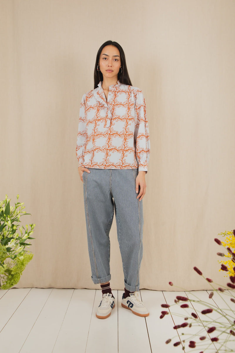 Anais Blouse in ice Blue and Tobacco