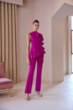 Two piece trouser suit with ruffle top