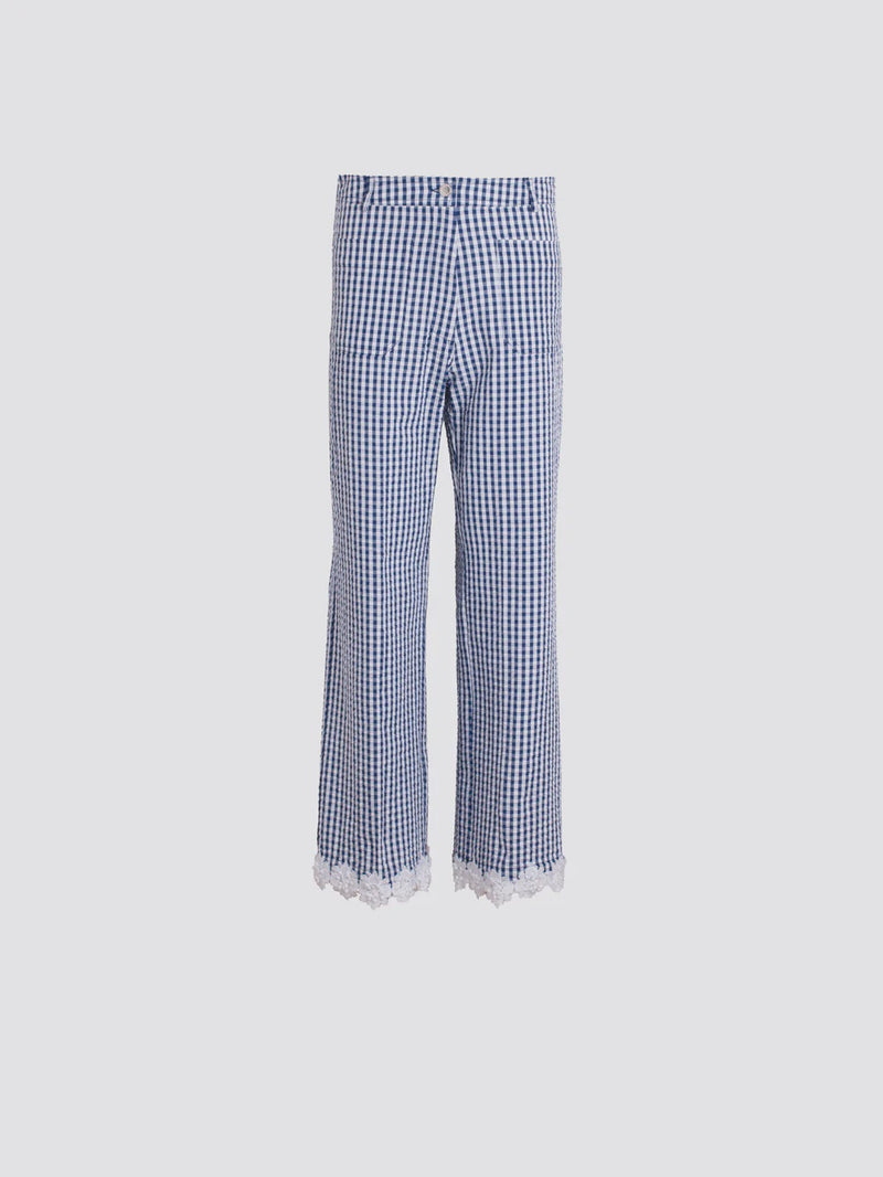 Blue Gingham Trousers with White Lae