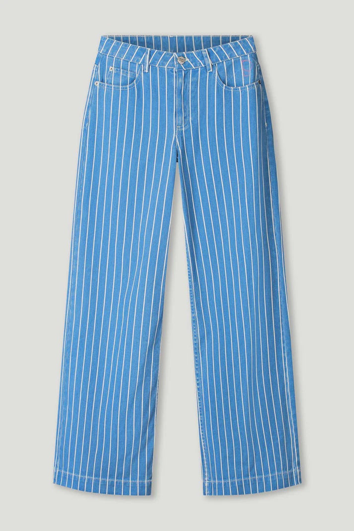 Wide leg blue jeans with white pinstripe