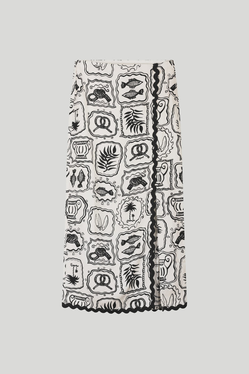 Wrap effect skirt in black and cosy white with nautical pattern and braiding