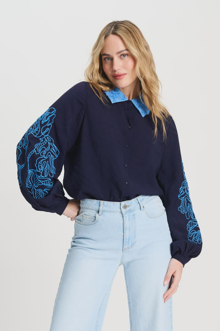 Elaborate blouse in dark blue with decorative collar