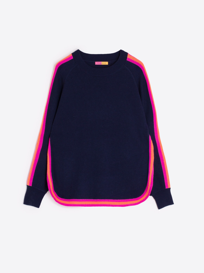 Navy Wool Sweater with pink and orange trim