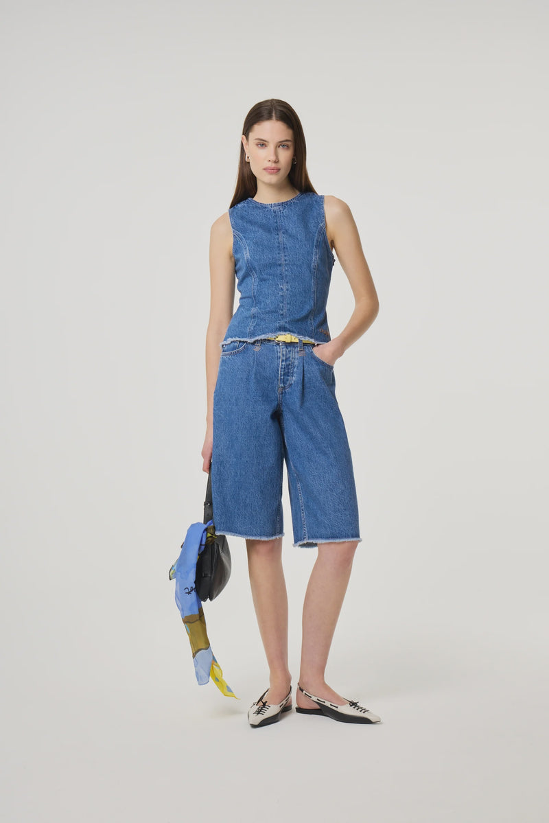 Wide leg knee length denim shorts