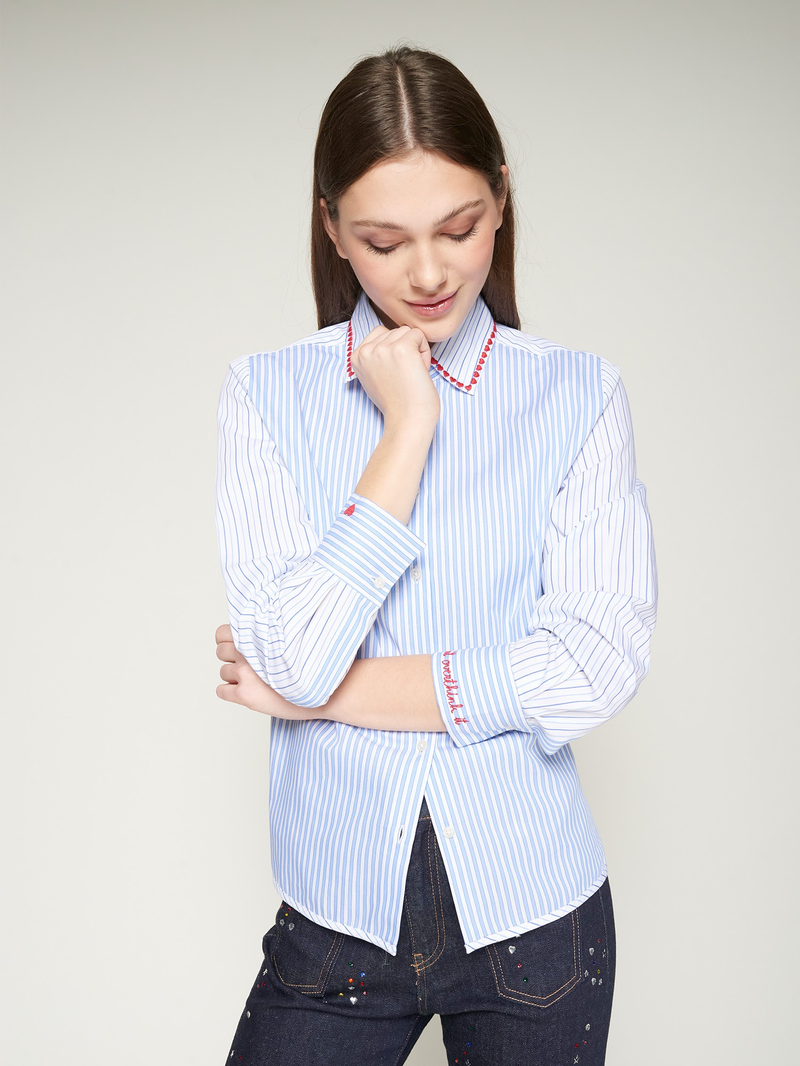 Blue and white striped shirt with heart embroidery
