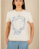 Organic crew neck Tshirt in ecru with blue motif